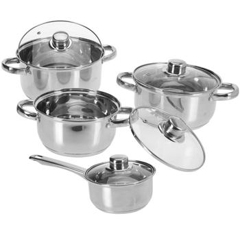 Preview: Hochwertiges 8-teiliges Kochtopfset Edelstahl/Aluminium (4 Töpfe & 4 Glasdeckel) - für alle Herdarten - Elegant, robust & spülmaschinenfest