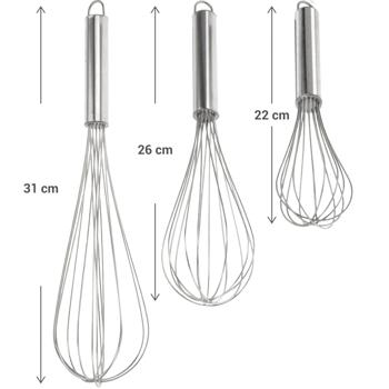 Preview: 3-teiliges Handschneebesen-Set Edelstahl - Flexibel zum Schlagen von Eigelb, Sahne, Dressings - 3 Längen (31/26/22 cm) - Spülmaschinenfest