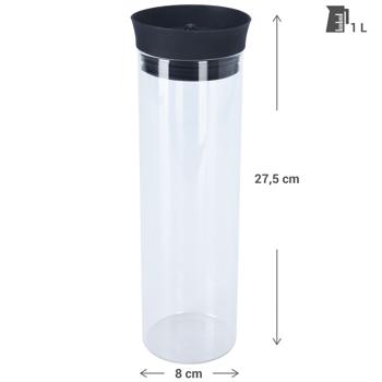 Preview: Borosilikatglas Glaskaraffe 1L - Ideal für Säfte, Limonaden, Eistee - Mit Sieb & Silikondeckel - Automatischer Verschluss - Ø 8 x 27.5 cm