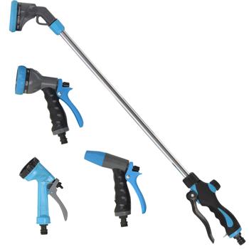 Preview: Ergonomisches 4-teiliges Beregnungsset, 3 Hand-Gartenbrausen plus Stab-Brause – Blau-schwarzes Design, für komfortable Gartenbewässerung