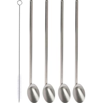 Preview: 2in1 Trinkhalm-Löffel 5er-Set Edelstahl - Wiederverwendbar für Eiskaffee, Cocktails & Heissgetränke - Inkl. Reinigungsbürste, 21.5x0.6 cm