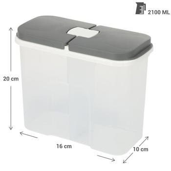Preview: Vorratsdose 2 Fächer 2100 ml - Ideale Aufbewahrung Müsli Mehl Zucker Reis - Schutz Motten Staub - Hygienische Trennung - Weiss Grau 20x10x16cm