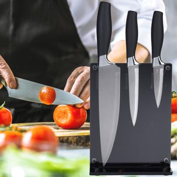 3-tlg. Qualitäts-Messer-Set, Acrylhalter Messerblock, Softgriffe, schwarz/anthrazit – Koch-, Universal- & Obstmesser für präzises Schneiden