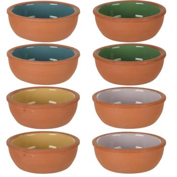 Preview: Tapas Schalen Set 8 Stück - Aus Terracotta mit glasierter Innenseite für mediterrane Gerichte - Ø 10x4 cm - Blau, Violett, Grau, Gelb