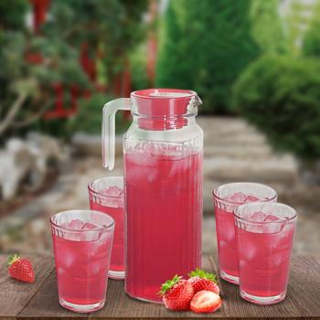 Glaskrug mit 4 Trinkgläsern - stilvolles Rillen-Design für Sprudel, Eistee, Limonade, Saft - 1100 ml Krug, 200 ml Gläser - spülmaschinenfest