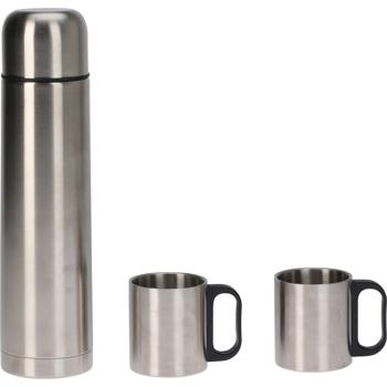 Preview: Isolierkanne Edelstahl 1L - mit 2 doppelwandigen Thermobechern 180ml - auslaufsicher für Heissgetränke - ideal für Outdoor, Uni, Arbeit