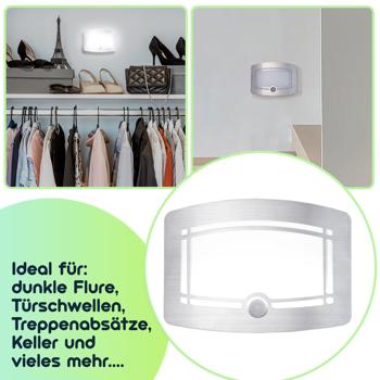 Preview: Helle Batterie-LED-Wandleuchte, Aluminium und Kunststoff, 2 Leuchtstufen 20-40 Lumen, PIR-Bewegungs- & Lichtsensor, 6 Monate StandBy