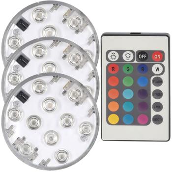 3er-Set LED-Pool-Lampen - Unterwasserbeleuchtung für Pools, Badewannen & Teiche - Wasserdicht bis 2m, 10 LEDs, Farbwechsel via Fernbedienung, Ø 7x3cm