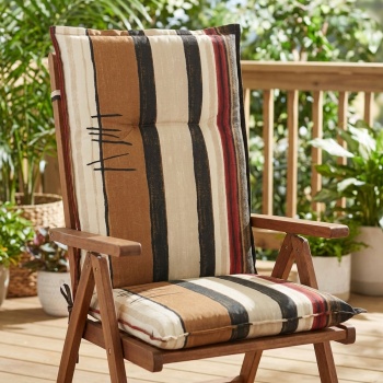 Preview: Stilvolle Hochlehner-Auflage mit Streifenmuster, Erdtöne, 123x50x6 cm – Edles Design für bequeme Stunden auf Ihrem Gartenstuhl