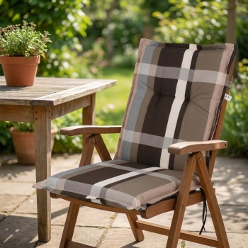 Preview: Niederlehner-Auflage Karomuster braun - optimale Sitzauflage für Garten & Balkon - 105x50x6cm - 6 cm Polsterung - 55% Baumwolle - robust & langlebig