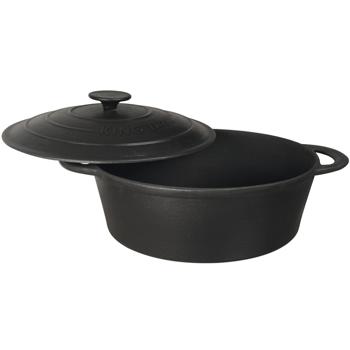 Preview: Hochwertiger Gusseisenbräter oval 4,5 Liter schwarz mit Deckel - Aus bestem Grau-Guss für perfektes Schmoren & Braten - Robust & langlebig kochen