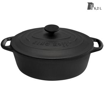 Preview: Hochwertiger Gusseisenbräter oval 6,2 Liter schwarz mit Deckel - Aus bestem Grau-Guss für perfektes Schmoren & Braten - Robust & langlebig kochen