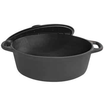 Preview: Hochwertiger Gusseisenbräter oval 6,2 Liter schwarz mit Deckel - Aus bestem Grau-Guss für perfektes Schmoren & Braten - Robust & langlebig kochen