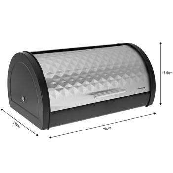 Preview: Brotkasten mit aufziehbarem Edelstahldeckel - Silber-schwarzes Design für Brot & Backwaren - Hygienische Aufbewahrung - Masse: 38x28x18.5 cm