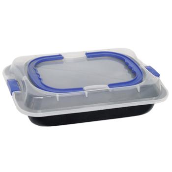 Preview: Praktisches 2-in-1 Backform-Set: Backblech aus Metall & Transportbox mit Deckel und Tragegriffen aus Kunststoff für Kuchen und Torten