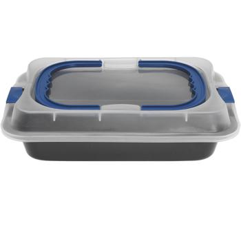 Preview: Praktisches 2-in-1 Backform-Set: Backblech aus Metall & Transportbox mit Deckel und Tragegriffen aus Kunststoff für Kuchen und Torten