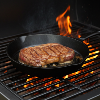 Preview: Profi Gusspfanne / Steakpfanne 25,5 cm schwarz - Massiver Guss für Top Röstaromen & perfekte Steaks - Extrem hitzebeständig, für alle Herdarten geeignet