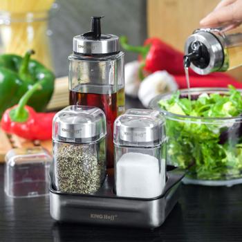 Preview: Gewürzbehälter-Set 5-tlg - Essig/Öl & Salz/Pfeffer für Küche & Esstisch - Glaskörper Edelstahl - Tropffreier Ausguss - Inkl. Gewürzständer mit Tragegriff