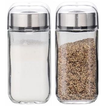 Preview: Gewürzbehälter-Set 5-tlg - Essig/Öl & Salz/Pfeffer für Küche & Esstisch - Glaskörper Edelstahl - Tropffreier Ausguss - Inkl. Gewürzständer mit Tragegriff