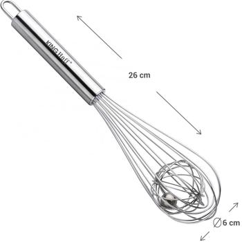 Preview: Kugel-Schneebesen Edelstahl Ø 6x26cm - Effizientes Rühren für Rührei, Teig & Gebäck - Spülmaschinenfest, hygienisch, mit Kugelrolle & Haken zum Aufhängen