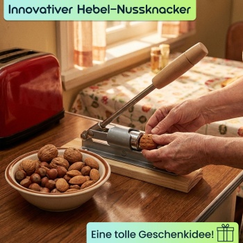Preview: Innovativer Hebel-Nussknacker im Retro-Design: Holzplatte mit robustem Metallknacker, für Walnüsse, Haselnüsse & mehr – kraftsparend und effizient