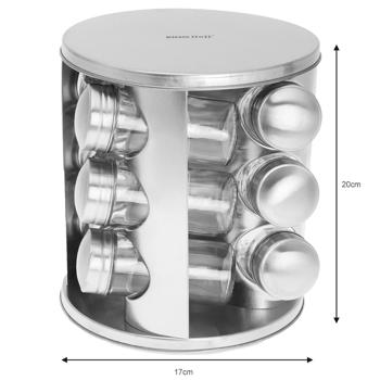 Preview: Modernes Edelstahl-Gewürzkarussell mit 12 transparenten Gewürzgläsern, weiss, – zeitloser Gewürzständer - ein Blickfang für jede Küche