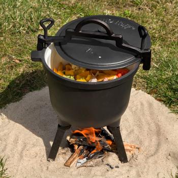 Preview: Gusseisen Camping-Kochtopf (7 Liter) - Lagerfeuertopf, schwarz, Deckel für schnelles Dampfkochen - Emaille-Beschichtung - für die Outdoor-Küche