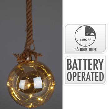 Preview: LED-Weihnachtskugel zum Aufhängen - Warmweiss Bernstein Ø 12 cm - Timer-Funktion für festliche Dekoration - Glas-Christbaumkugel mit 15 Lichtern