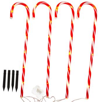 Preview: LED-Gartenstecker Zuckerstange 4er-Set - Weihnachtsdeko für Hof & Garten - 8 LEDs, 74cm hoch, rot-weiss, mit Timer & Memory-Funktion