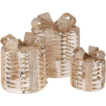 Preview: Goldene LED-Deko-Geschenke, 3er Set, warmweisses Licht – Timer-Funktion, batteriebetrieben, festliche Weihnachtsdekoration