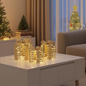 Preview: Goldene LED-Deko-Geschenke, 3er Set, warmweisses Licht – Timer-Funktion, batteriebetrieben, festliche Weihnachtsdekoration