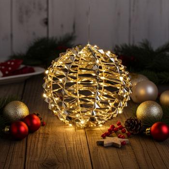 Weihnachtskugel mit 60 warmweissen Micro-LEDs, Ø 25 cm - goldfarben, batteriebetrieben mit 6/18h Timer - IP20 geschützt für Innenräume