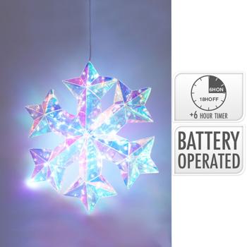 Preview: Schneeflocke Regenbogen-Design - Deko für Weihnachten & Partys - 30 kaltweisse Micro-LEDs, Timer, batteriebetrieben, 27 cm - PET-Material