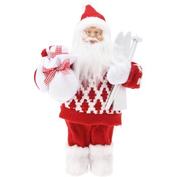 Deko-Weihnachtsmann Figur mit Schneestiefeln & Ski - Fröhlicher Samichlaus für Weihnachtsdeko Zuhause - 20x10x30 cm- Inkl. Geschenkesack