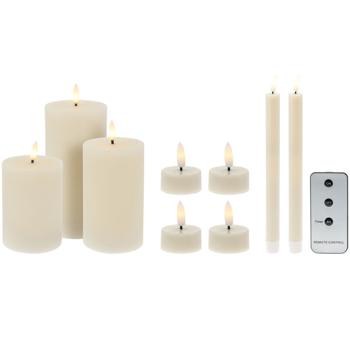 Preview: LED-Kerzen-Set flackernd elfenbein/weiss - 3 Wachs-LED-Kerzen 2 Dinnerkerzen 4 Teelichter - Timer- & Fernbedienung - für gemütliches Heim Weihnachten