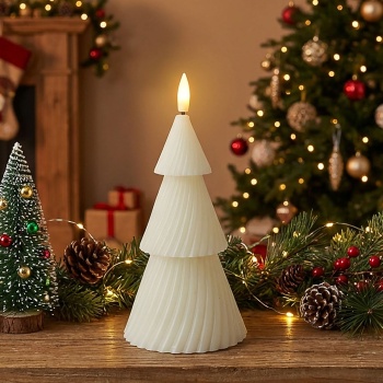 Preview: LED-Kerze Tannenbaum - warmweiss flackernd, batteriebetrieben, sicher & gemütlich - Ø 8,5 x 15 cm - mit Timer (6/18h) - Elfenbeinfarbe - Weihnachtsbaum Deko
