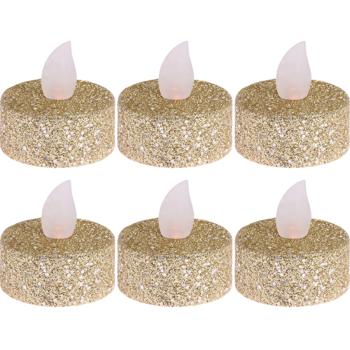Preview: 6x LED-Teelichter (Gold-Glitzer, 3,8x4cm): Flackernd, warmweiss - für Deko, Hochzeit, Weihnachten - Stimmungsvoll + sicher