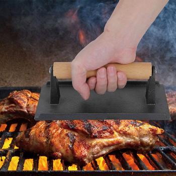 Preview: Fleischpresse Gusseisen für BBQ, Burger & Steaks - Gleichmässiges Plätten & Warmhalten - 21 x 10,8 cm, 1 kg, ergonomischer Holzgriff