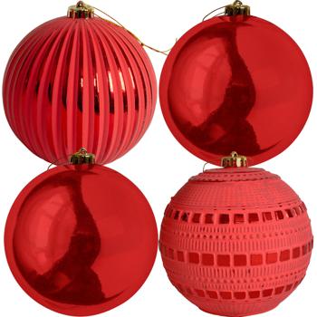 Preview: Weihnachtskugeln 4er-Set - Rote Christbaumkugeln mit 3 Designs, Ø 15 cm - Festliche Dekoration für Weihnachtsbaum & Adventszeit - Eleganter Hingucker