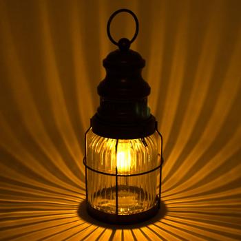 Preview: Retro LED-Laterne Industrial Vintage Stil - H29 cm Glas/Metall Bronze/Braun - Kabellos Batteriebetrieben mit Timerfunktion - Ideal für Drinnen & Draussen