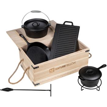 Preview: Hochwertiges Gusseisen-Grill-Set, 6-teilig + Holzkiste