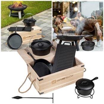 Hochwertiges Gusseisen-Grill-Set, 6-teilig + Holzkiste