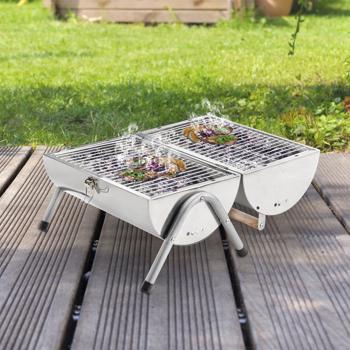 Preview: Kompakter Edelstahl Camping-Grill, 50 x 30 x 36,8 cm – Tragbarer Grill mit Holzgriff, für Outdoor-Abenteuer & Grillspass