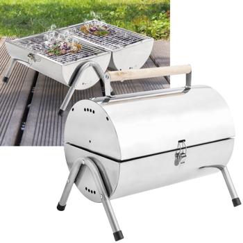 Kompakter Edelstahl Camping-Grill, 50 x 30 x 36,8 cm – Tragbarer Grill mit Holzgriff, für Outdoor-Abenteuer & Grillspass
