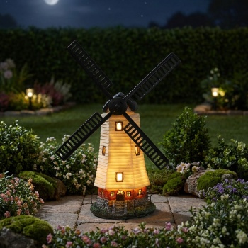Preview: Dekorative Solar-Windmühle mit LED-Fenstern: 33,5 cm, naturfarben - für stimmungsvolle Akzente und bezaubernde Atmosphäre im Garten