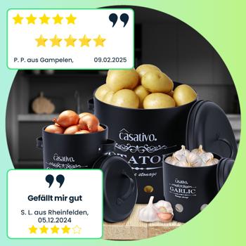 Preview: Stilvolle Vorratsbehälter, 3 Stück, Kartoffeln, Zwiebeln, Knoblauch, schwarz, praktische Aufbewahrungsbehälter mit Deckel und Luftlöchern