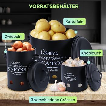 Preview: Stilvolle Vorratsbehälter, 3 Stück, Kartoffeln, Zwiebeln, Knoblauch, schwarz, praktische Aufbewahrungsbehälter mit Deckel und Luftlöchern