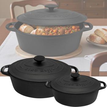 Hochwertiges 2er Set Gusseisenbräter oval (4,5L + 6,2L), schwarz, mit Deckel - Schmoren, Backen, Braten wie ein Profi - Langlebig & vielseitig