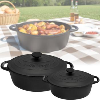 Preview: Hochwertiges 2er Set Gusseisenbräter oval (4,5L + 6,2L), schwarz, mit Deckel - Schmoren, Backen, Braten wie ein Profi - Langlebig & vielseitig