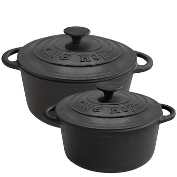 Preview: 2er-Set Gusseisen Töpfe mit Deckel rund - 2.4L & 4L für Herd, Ofen, Grill - Hochwertiger Grauguss, backofenfest, für aromatische Speisen